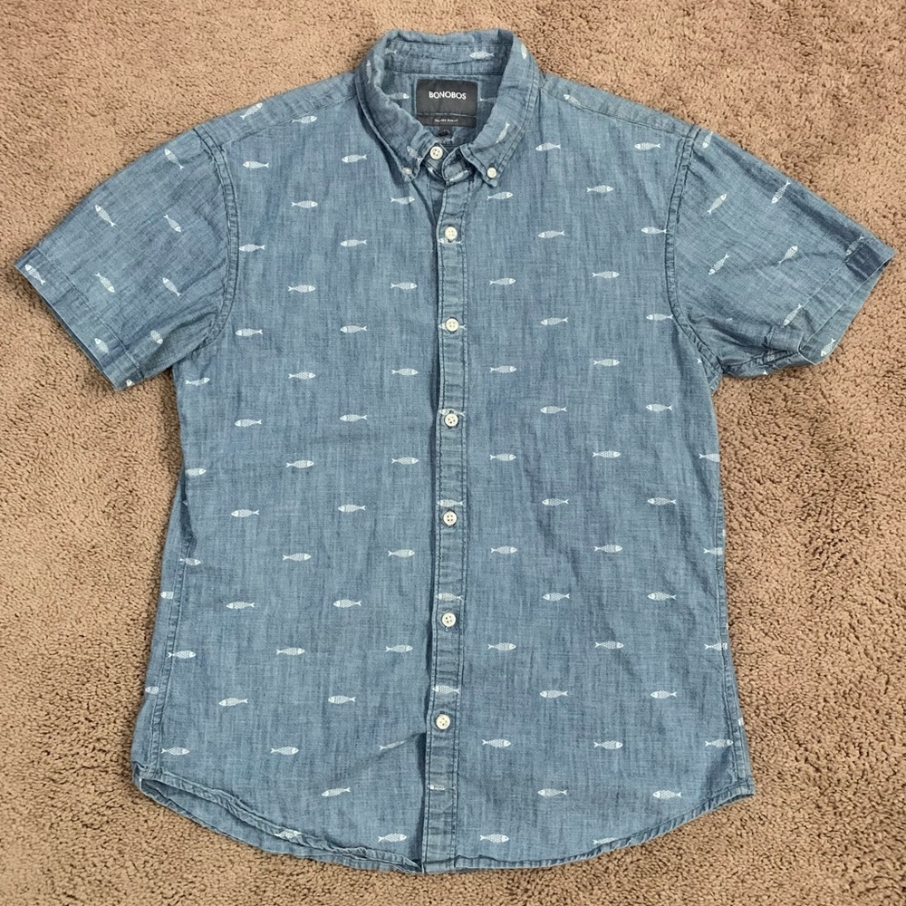 Bonobos Men's Button Down Shirt Medium Slim Fit 100% Cotton Blue Fish Print